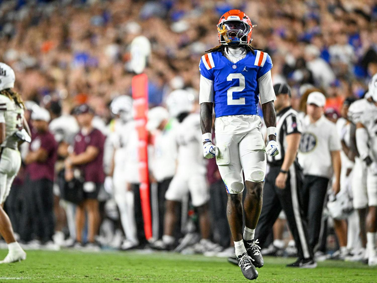 Florida Gators defensive back Lagonza Hayward (2) celebrates a stop in a NCAA college football game, Saturday, Oct. 18, 2025, in Gainesville, Fla.