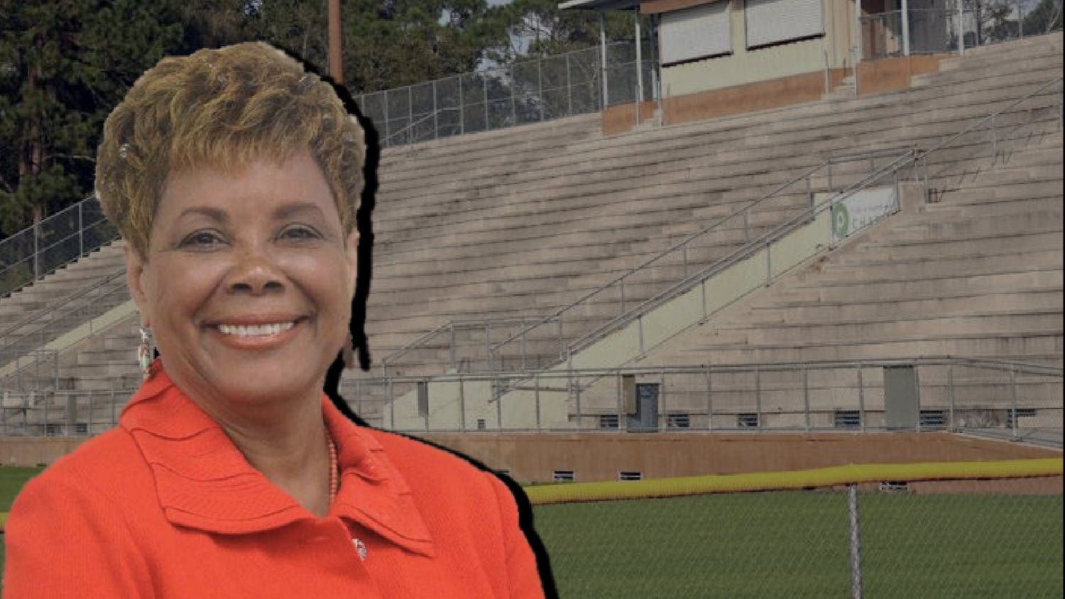 Graphic of Commissioner Cynthia Chestnut and Citizens Field. Chesnut’s East Gainesville sports complex proposal has sparked debate among East Gainesville residents  