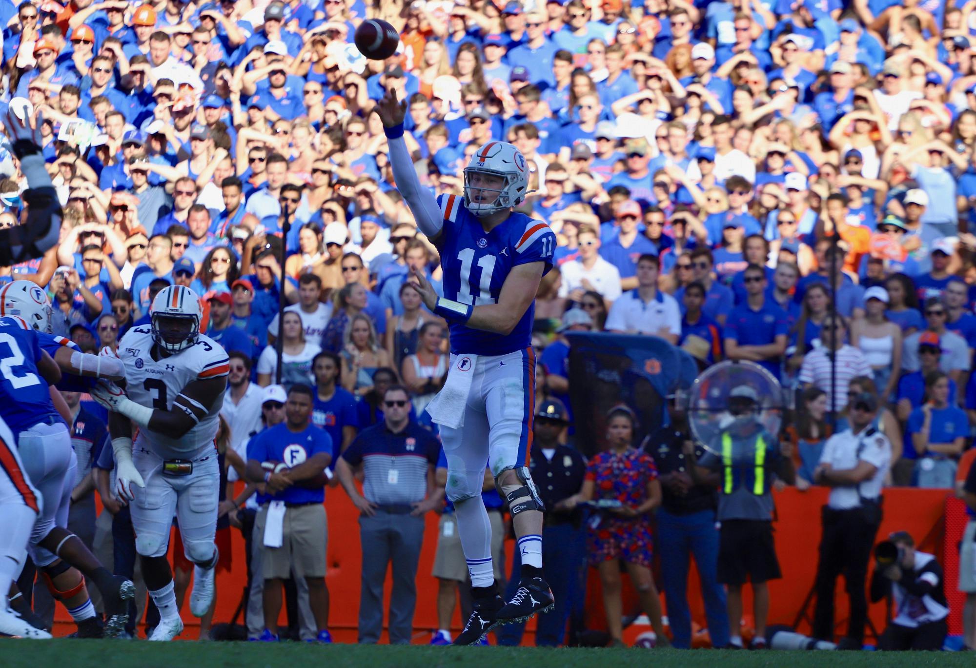 Gators quarterback Kyle Trask, who is a finalist for the Heisman after a record season, declared for the NFL Draft Thursday. Photo from the Florida-Auburn game in October 2019.