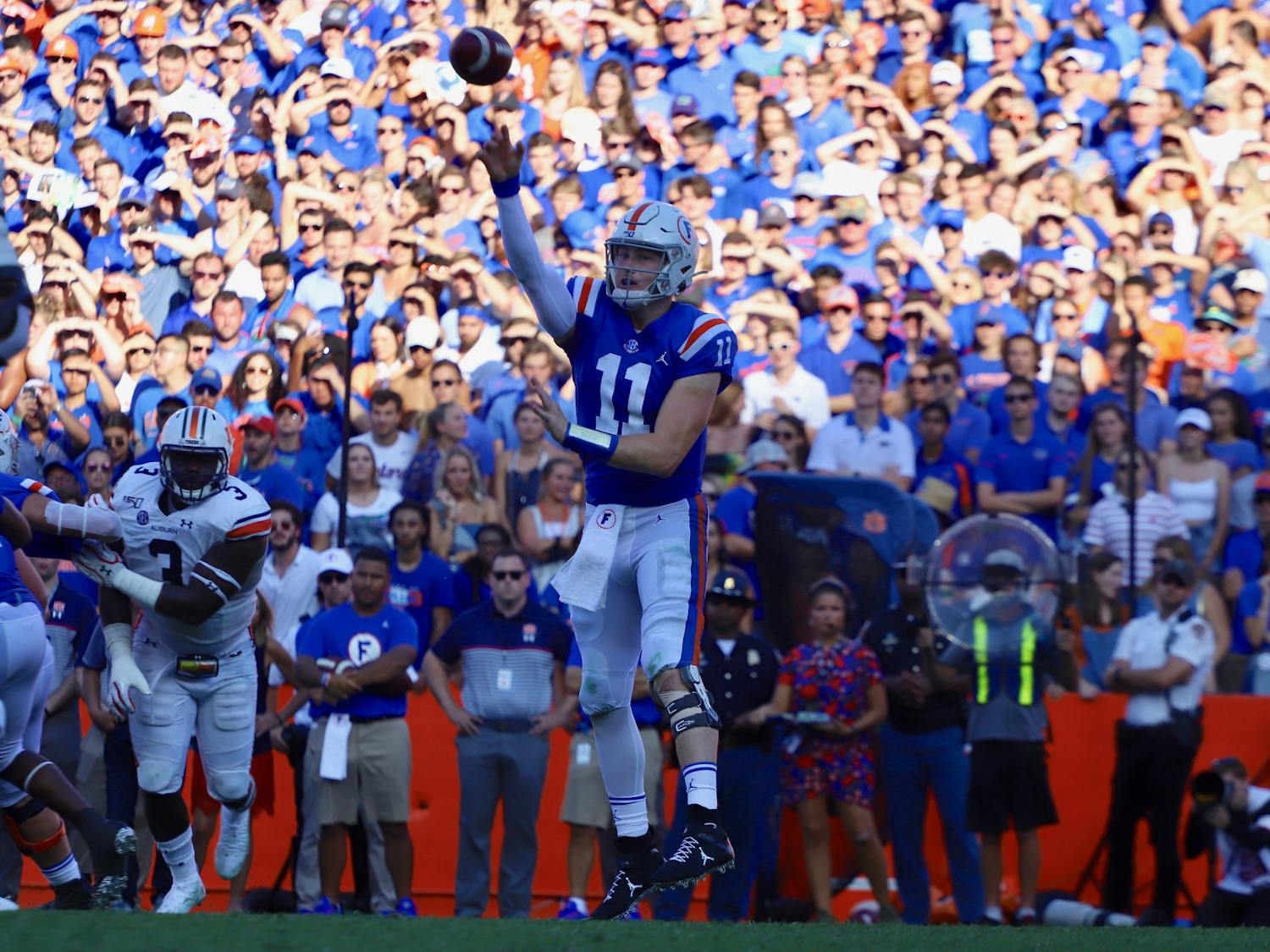 Gators quarterback Kyle Trask, who is a finalist for the Heisman after a record season, declared for the NFL Draft Thursday. Photo from the Florida-Auburn game in October 2019.