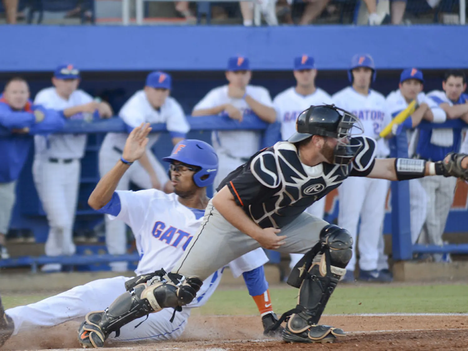 UF's Buddy Reed slides home during Florida's NCAA Regional win against Florida A&M on May 29, 2015.