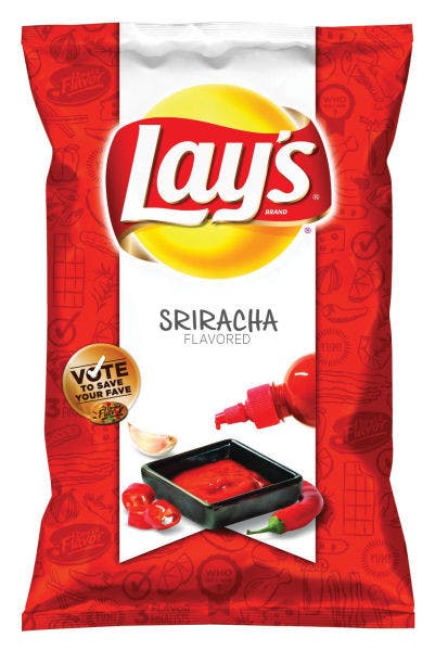 This product photo provided by Lay's shows a bag of their Thai-inspired Sriracha flavored potato chips. The new flavor, along with two others - Cheesy Garlic Bread and Chicken &amp; Waffles - will be sold at retailers nationwide starting in mid-February 2013. After trying them, fans have until May to vote for their favorite. The flavor with the most votes in May will stay on store shelves. The other two will be discontinued. (AP Photo/Lay's)