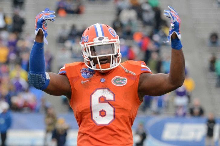 Dante Fowler Jr. hypes up the crowd during Florida's 28-20 win in the Birmingham Bowl against East Carolina on Jan. 3 at Legion Field. The Jacksonville Jaguars selected Fowler No. 3 overall in the 2015 NFL Draft on Thursday.&nbsp;
