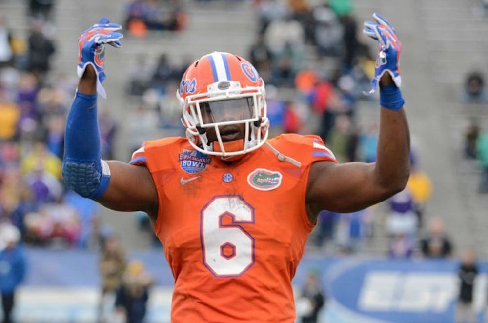 <p><span>Dante Fowler Jr. hypes up the crowd during Florida's 28-20 win in the Birmingham Bowl against East Carolina on Jan. 3 at Legion Field. The Jacksonville Jaguars selected Fowler No. 3 overall in the 2015 NFL Draft on Thursday.&nbsp;</span></p>