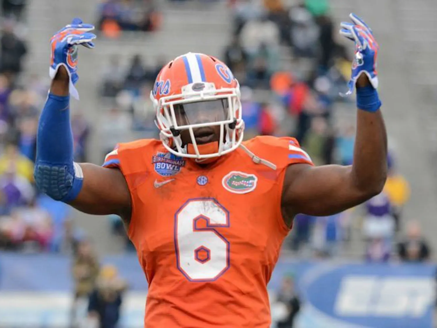Dante Fowler Jr. hypes up the crowd during Florida's 28-20 win in the Birmingham Bowl against East Carolina on Jan. 3 at Legion Field. The Jacksonville Jaguars selected Fowler No. 3 overall in the 2015 NFL Draft on Thursday. 