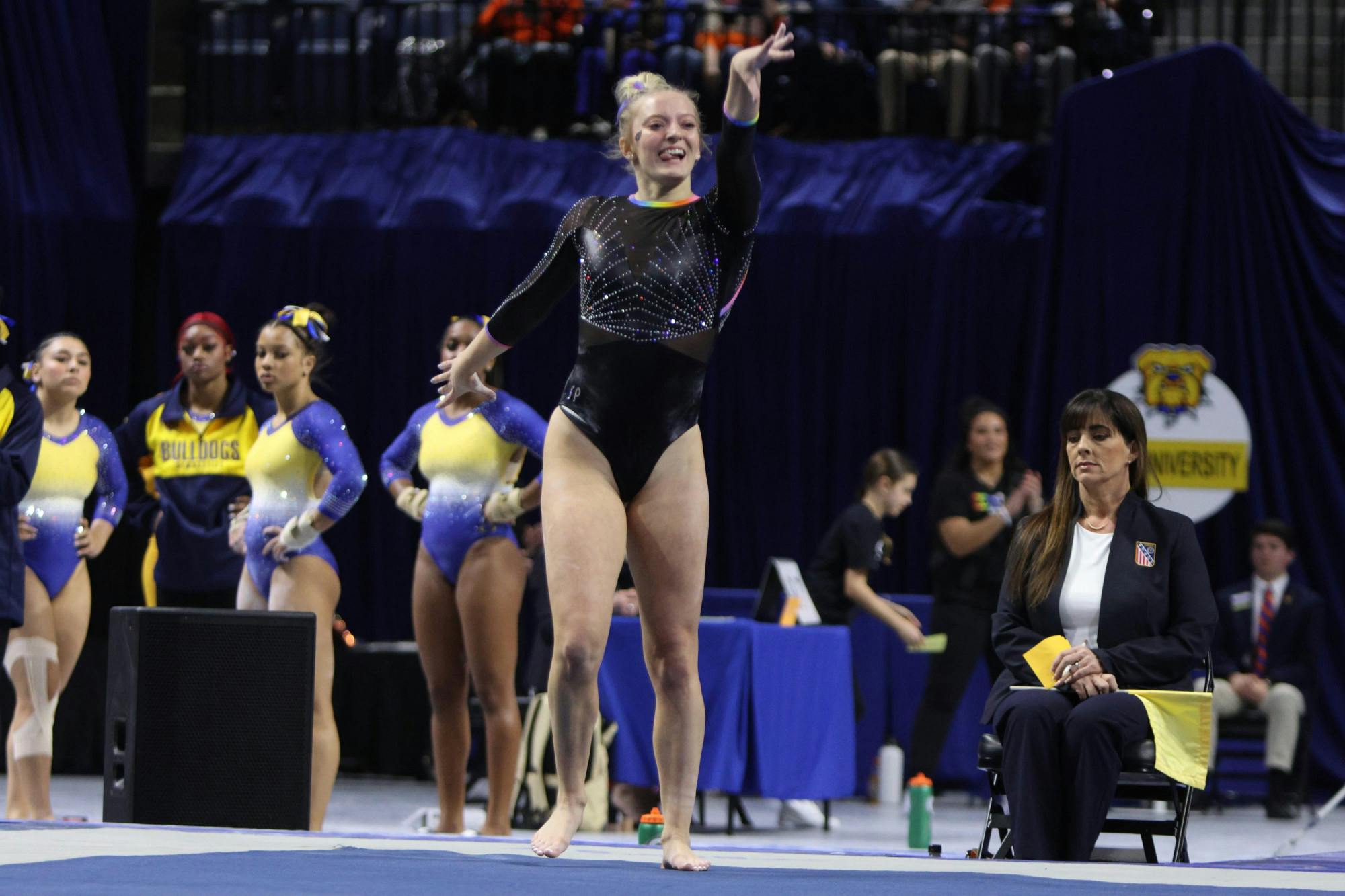 Sophomore Lori Brubach performs her floor routine in the Gators’ season opener in the Stephen C. O’Connell Center, Friday, Jan. 12, 2024.