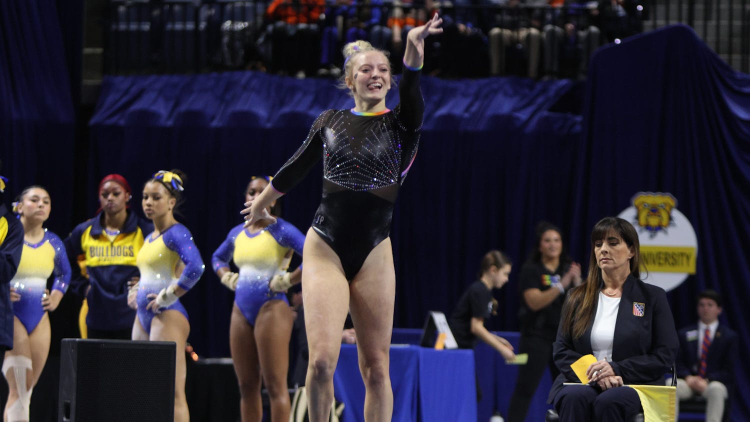 Sophomore Lori Brubach performs her floor routine in the Gators’ season opener in the Stephen C. O’Connell Center, Friday, Jan. 12, 2024.