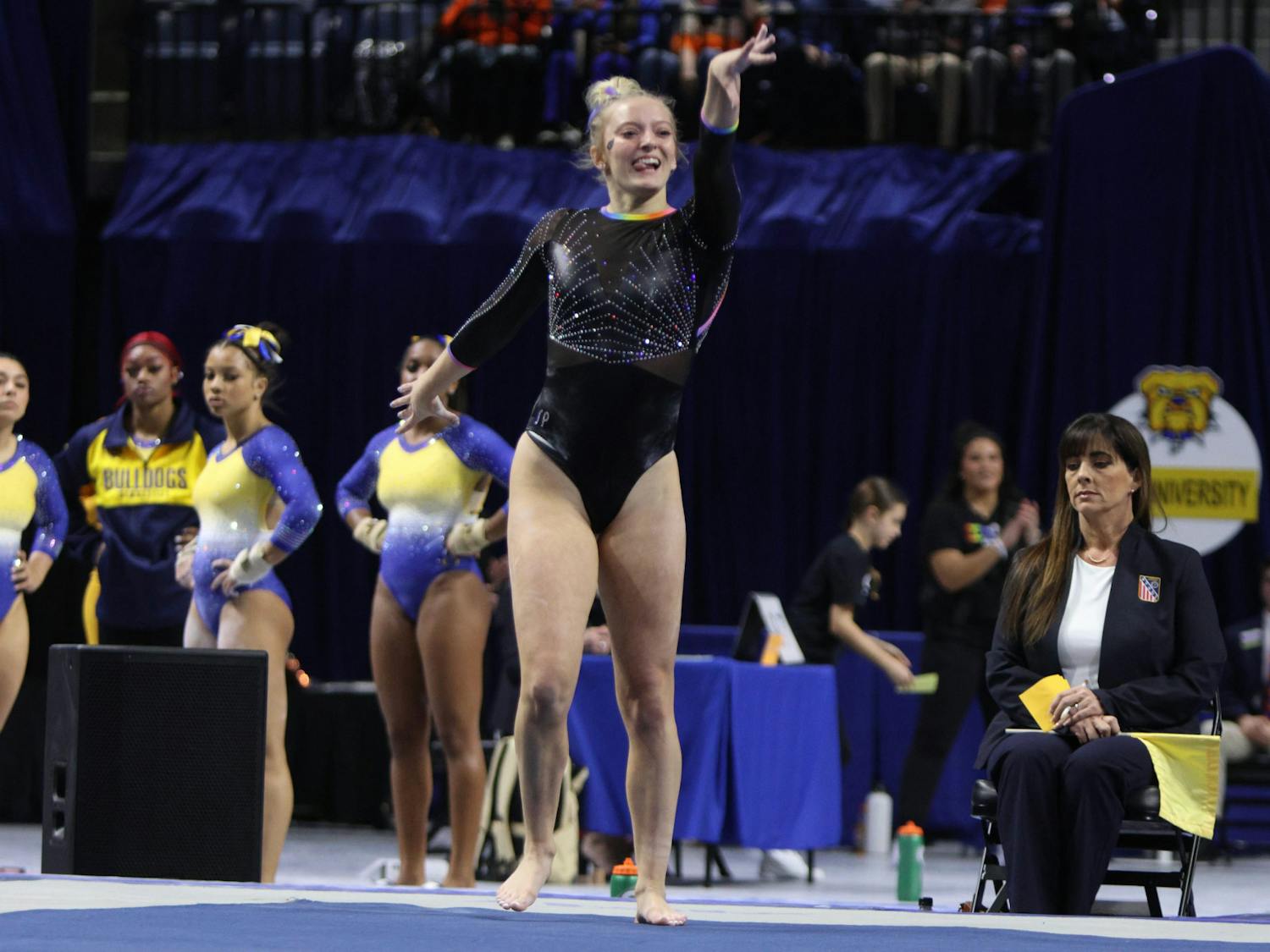 Sophomore Lori Brubach performs her floor routine in the Gators’ season opener in the Stephen C. O’Connell Center, Friday, Jan. 12, 2024.