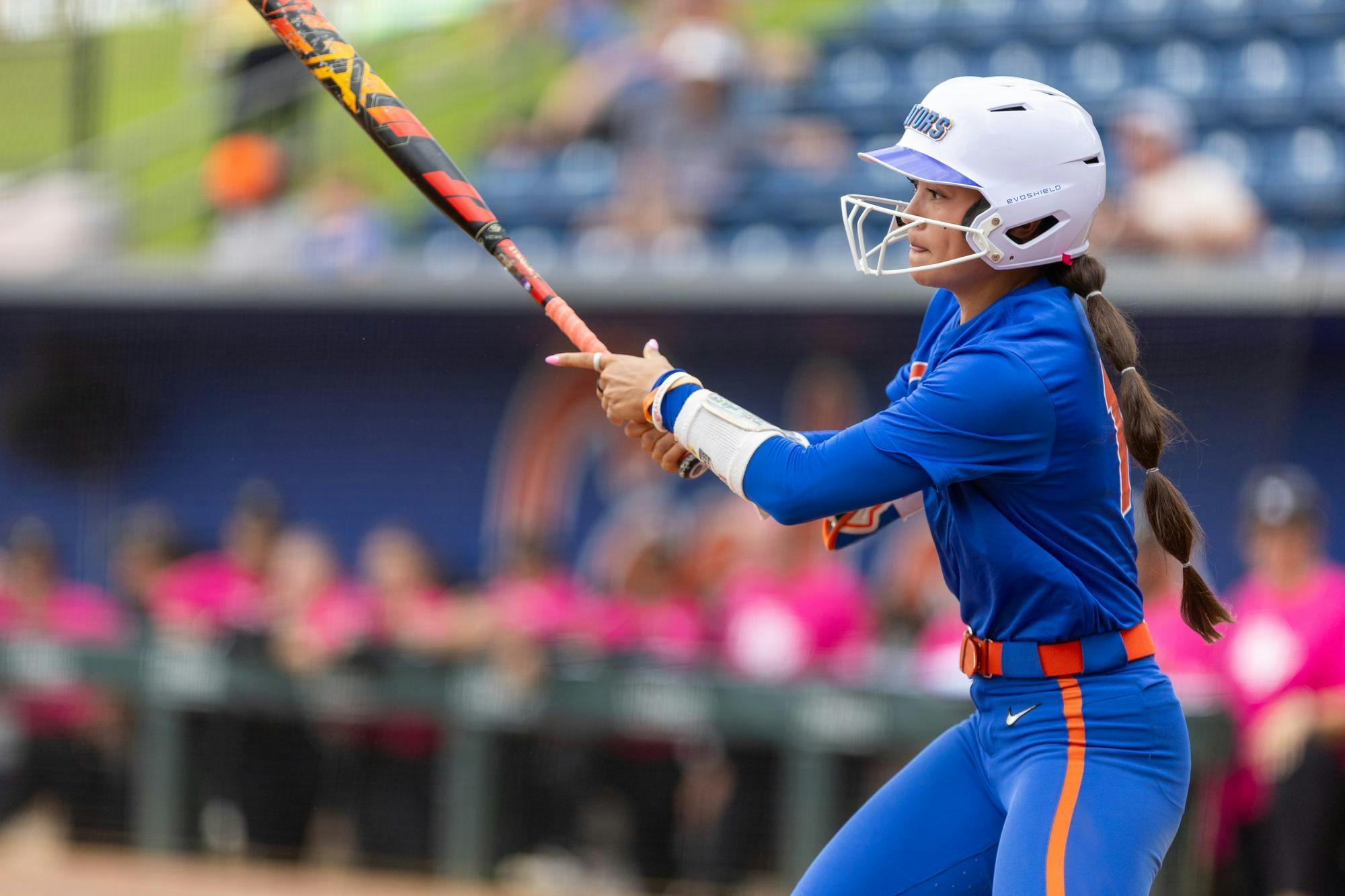 Florida Gators infielder Gabi Comia (10) swings during the game against the UCF Knights on Sunday, Oct. 19, 2025.