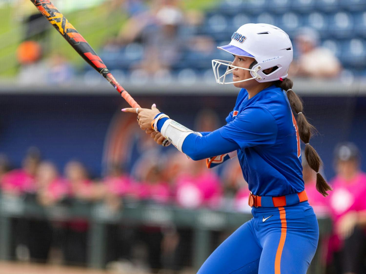 Florida Gators infielder Gabi Comia (10) swings during the game against the UCF Knights on Sunday, Oct. 19, 2025.
