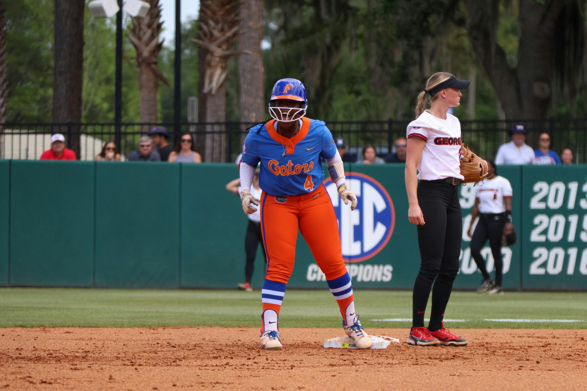 Florida third baseman Charla Echols celebrates a hit in the Gators 8-7 win against the Georgia Bulldogs Saturday, April 15, 2023.