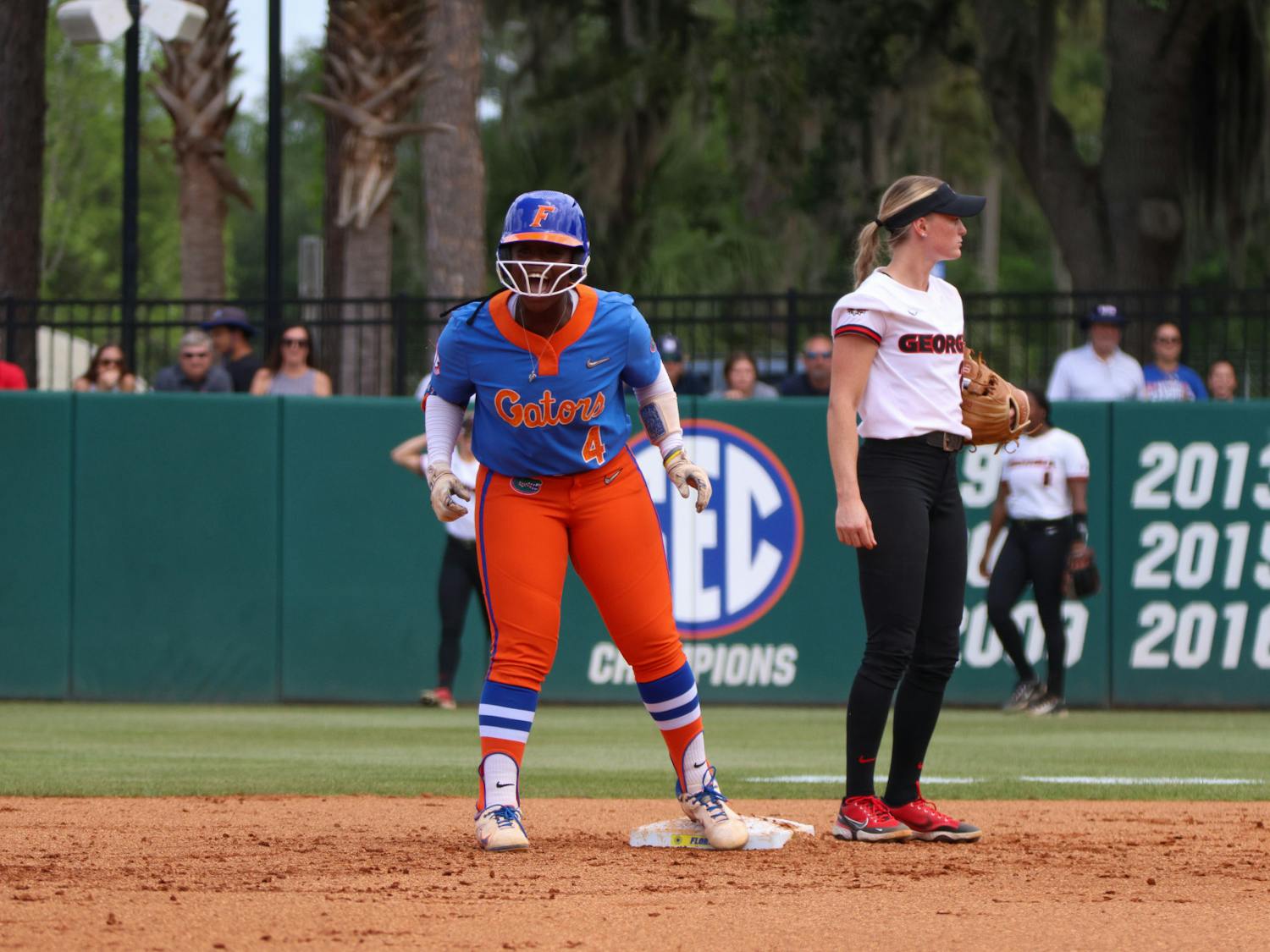 Florida third baseman Charla Echols celebrates a hit in the Gators 8-7 win against the Georgia Bulldogs Saturday, April 15, 2023.