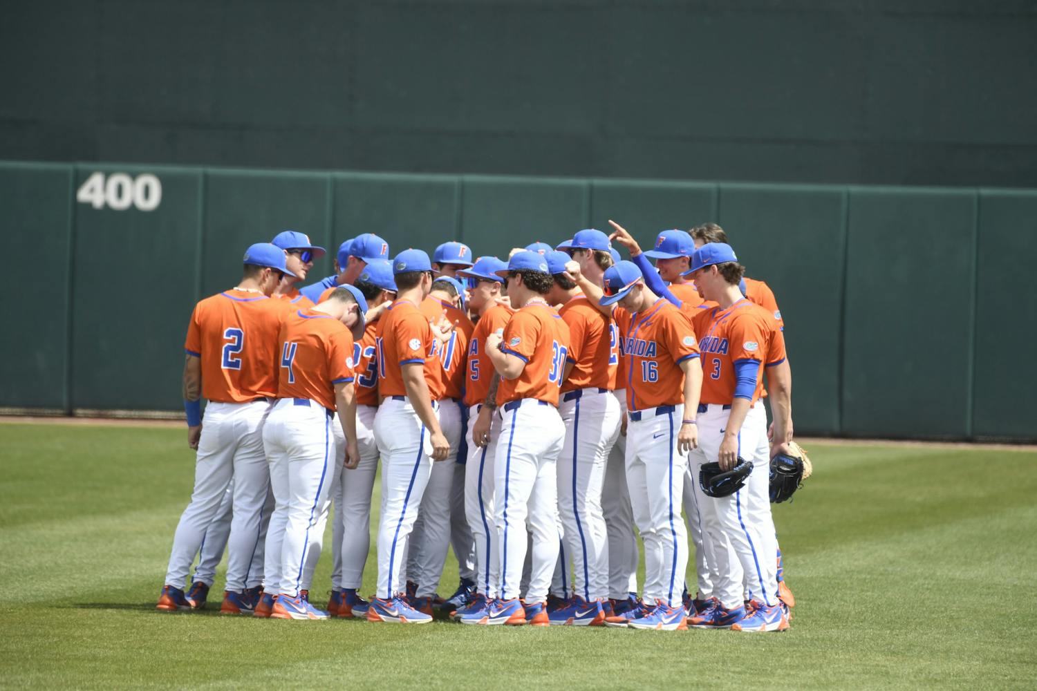 The Florida Gators baseball team huddles in the outfield prior to its game against Mississippi State on Sunday, March 31, 2024 at Condron Family Ballpark in Gainesville, Florida.
