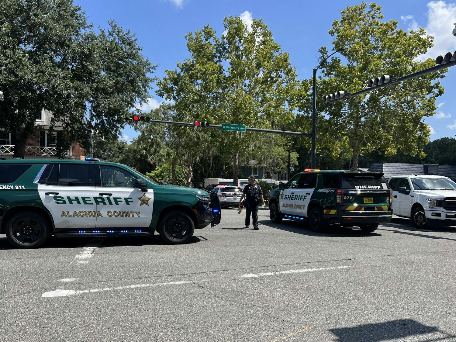 Alachua County Sheriff's Office deputies blocked West University Avenue after responding to an armed suspect on Tuesday, July 29, 2025.