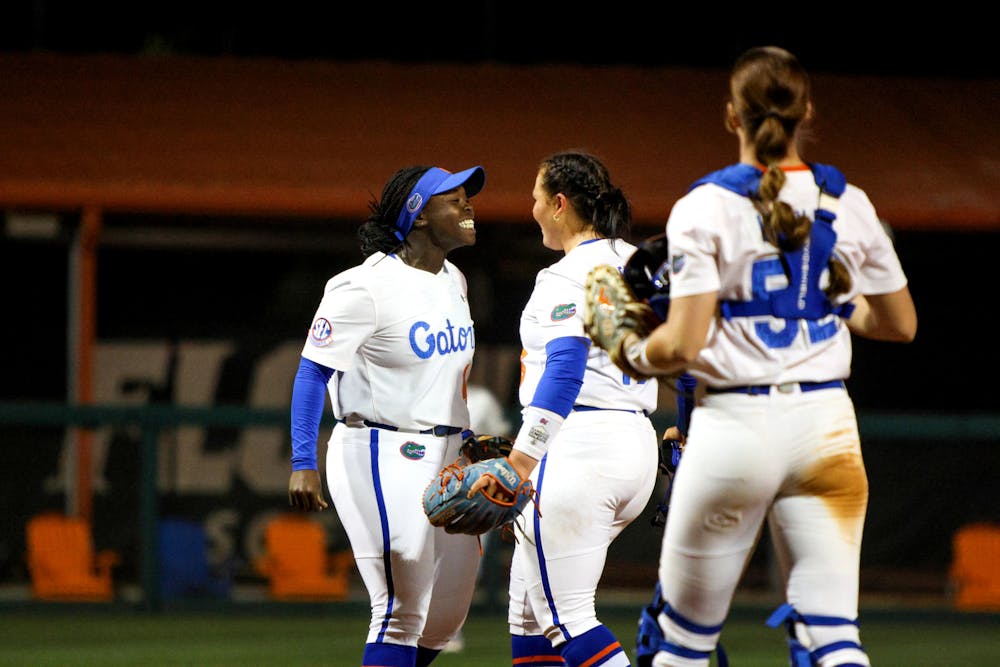 Florida third baseman Charla Echols celebrates with her teammates during the Gators' 3-0 victory against the Central Florida Knights Wednesday, March 8, 2023.