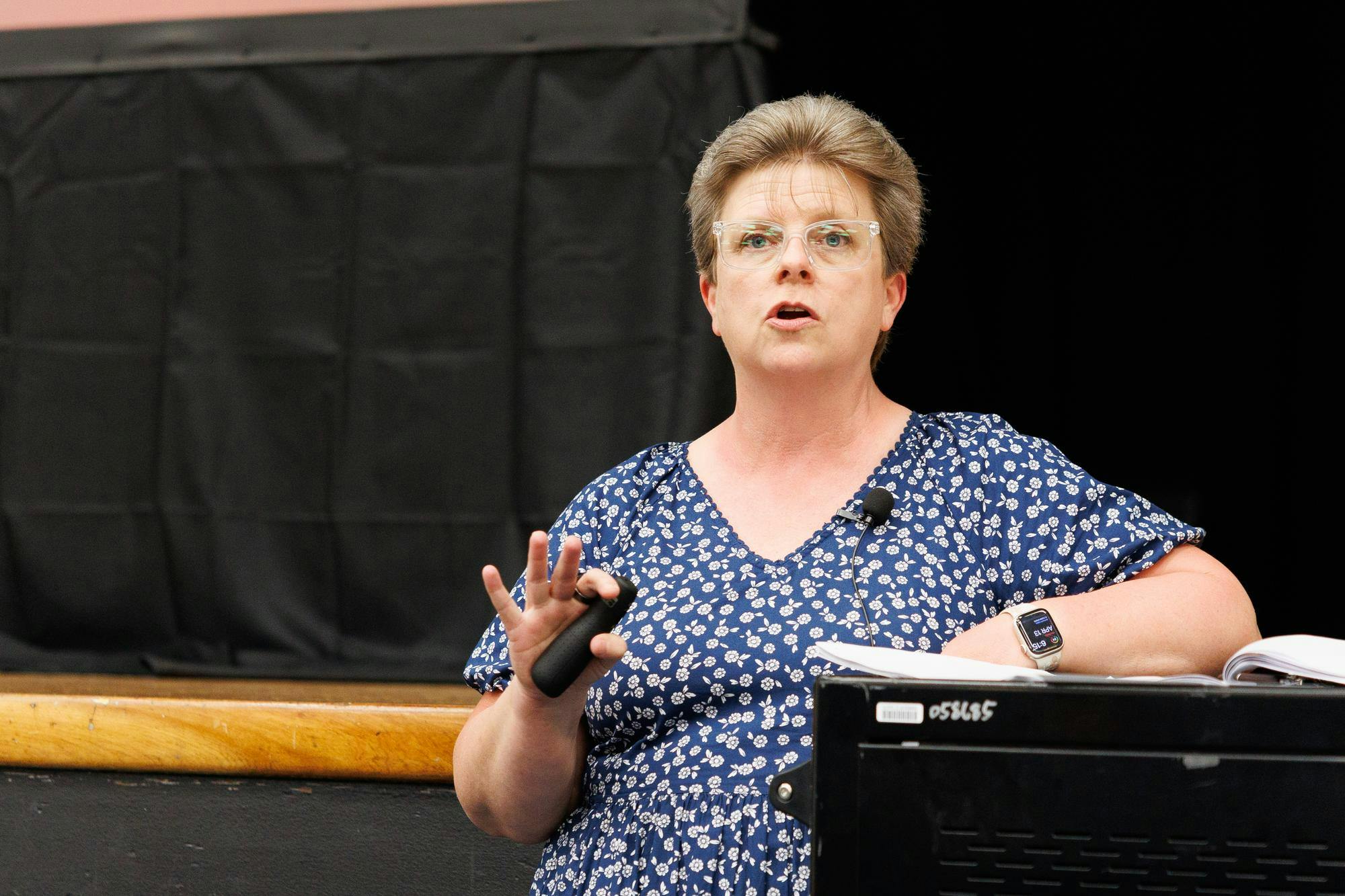 Kimberly Neal, Alachua County Public Schools director of state reporting and school choice, speaks at a community rezoning  input meeting held at A.L. Mebane Middle School in Alachua, Fla., Monday, April 13, 2026.