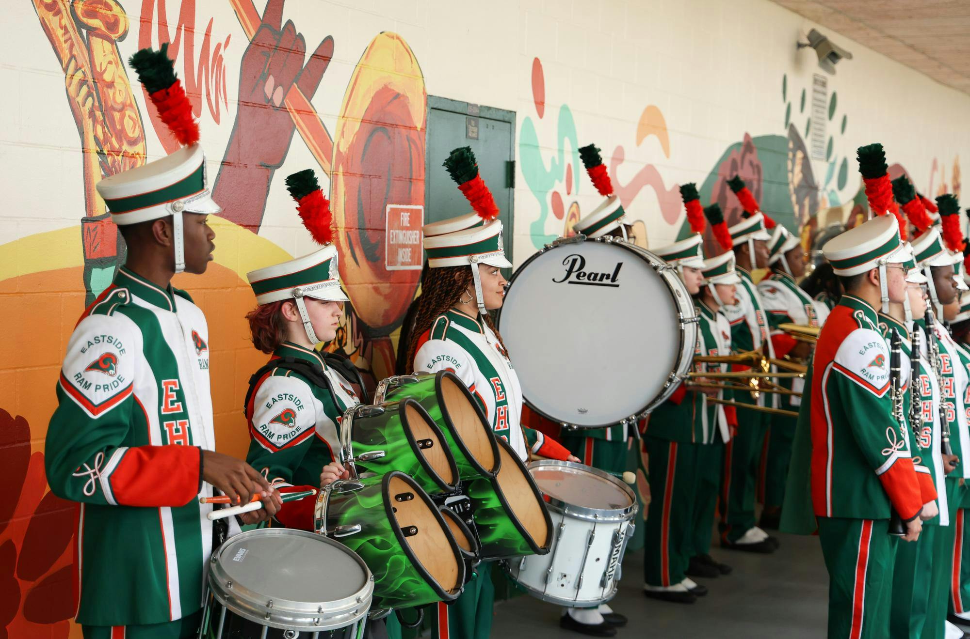 Eastside High School band plays at the unveiling of the mindful messages mural in Gainesville, Fla. on Tuesday March 31, 2026.
