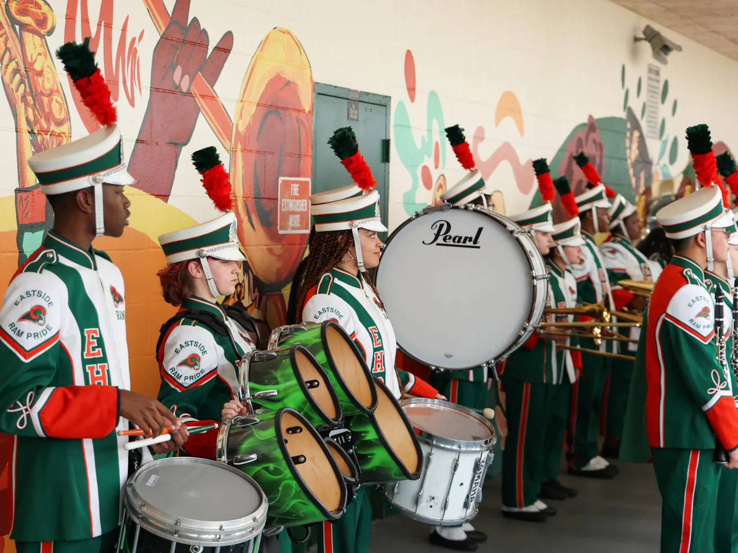 Eastside High School band plays at the unveiling of the mindful messages mural in Gainesville, Fla. on Tuesday March 31, 2026.
