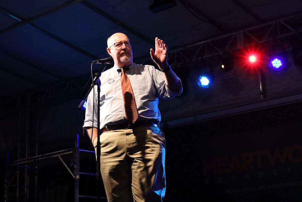 Gainesville mayor-elect Harvey Ward delivers a victory speech to a crowd of about 70 at the Heartwood Soundstage, Tuesday, Nov. 8, 2022.