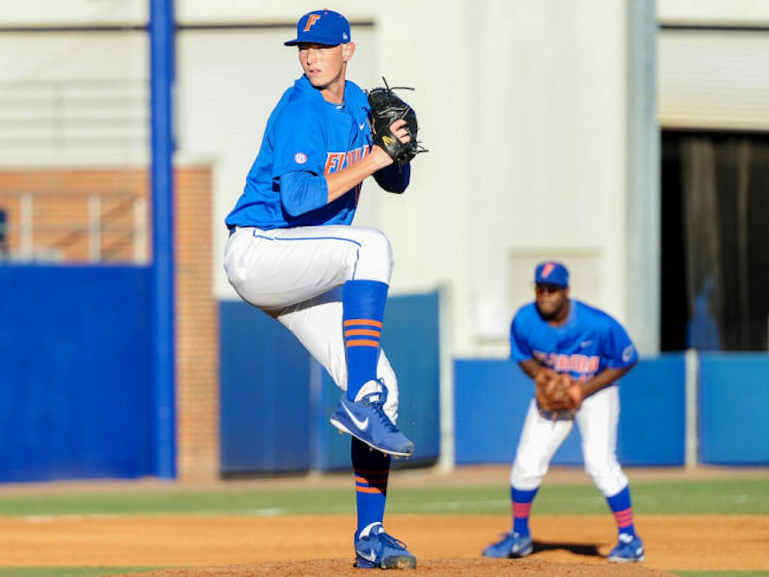 A.J. Puk pitches during Florida’s 9-7 loss against Maryland on Feb. 15 at McKethan Stadium.
