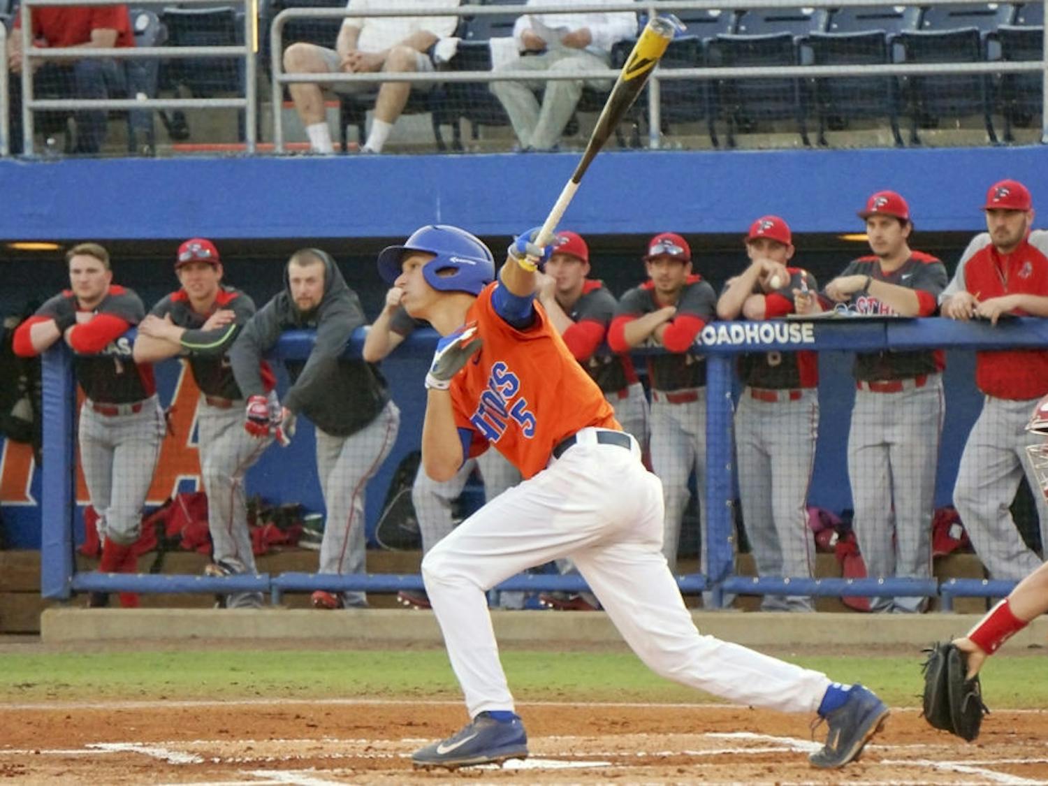 Dalton Guthrie swings at a pitch during Florida's 8-7 win against Fairfield on March 10 at McKethan Stadium. Guthrie scored the go-ahead run for Florida in its 9-7 win against Vanderbilt on Saturday. 