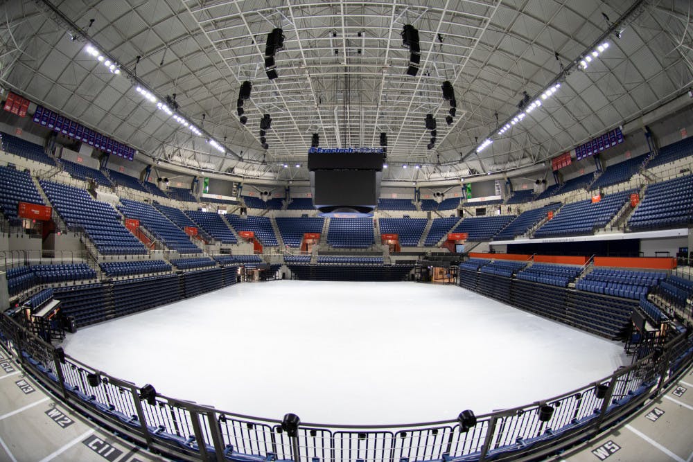 The Stephen C. O’Connell Center originally opened in 1980 and is named after the sixth president of UF. The building underwent a $64.5 million renovation in 2016. In the renovation, the entire interior area was demolished and rebuilt with the addition of a large hanging scoreboard and luxury suites. Gymnastics and swimming areas and locker rooms were improved, and a new entrance was built facing the stadium.