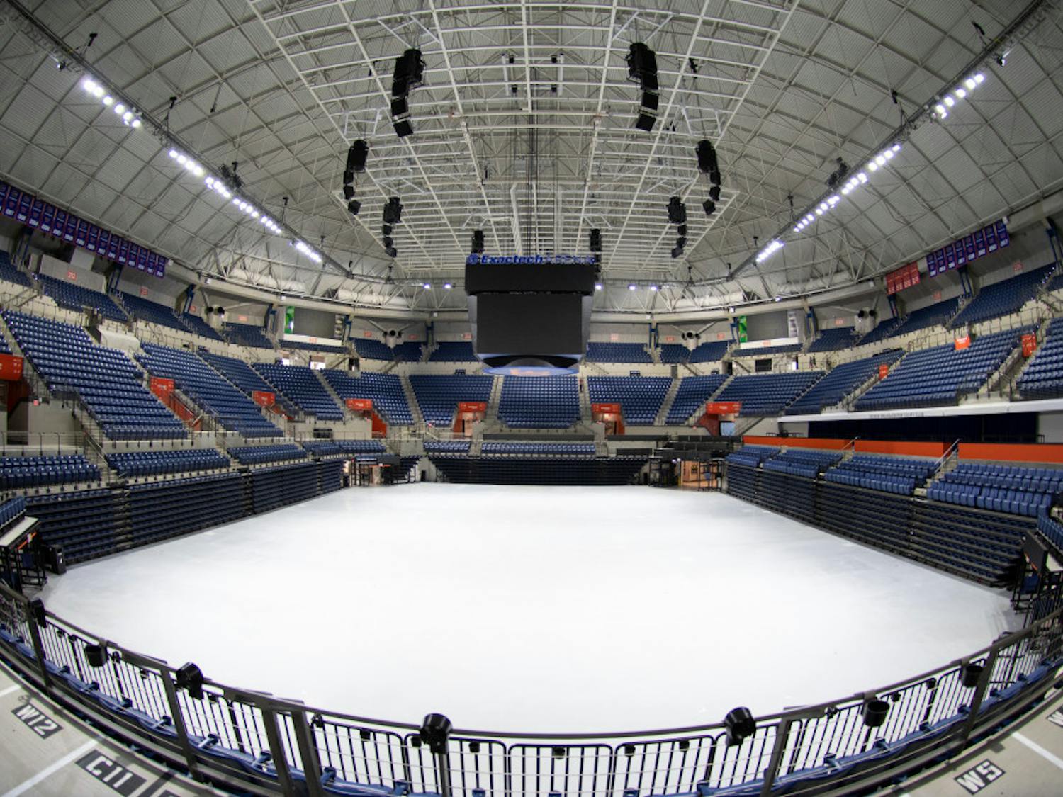 The Stephen C. O’Connell Center originally opened in 1980 and is named after the sixth president of UF. The building underwent a $64.5 million renovation in 2016. In the renovation, the entire interior area was demolished and rebuilt with the addition of a large hanging scoreboard and luxury suites. Gymnastics and swimming areas and locker rooms were improved, and a new entrance was built facing the stadium.