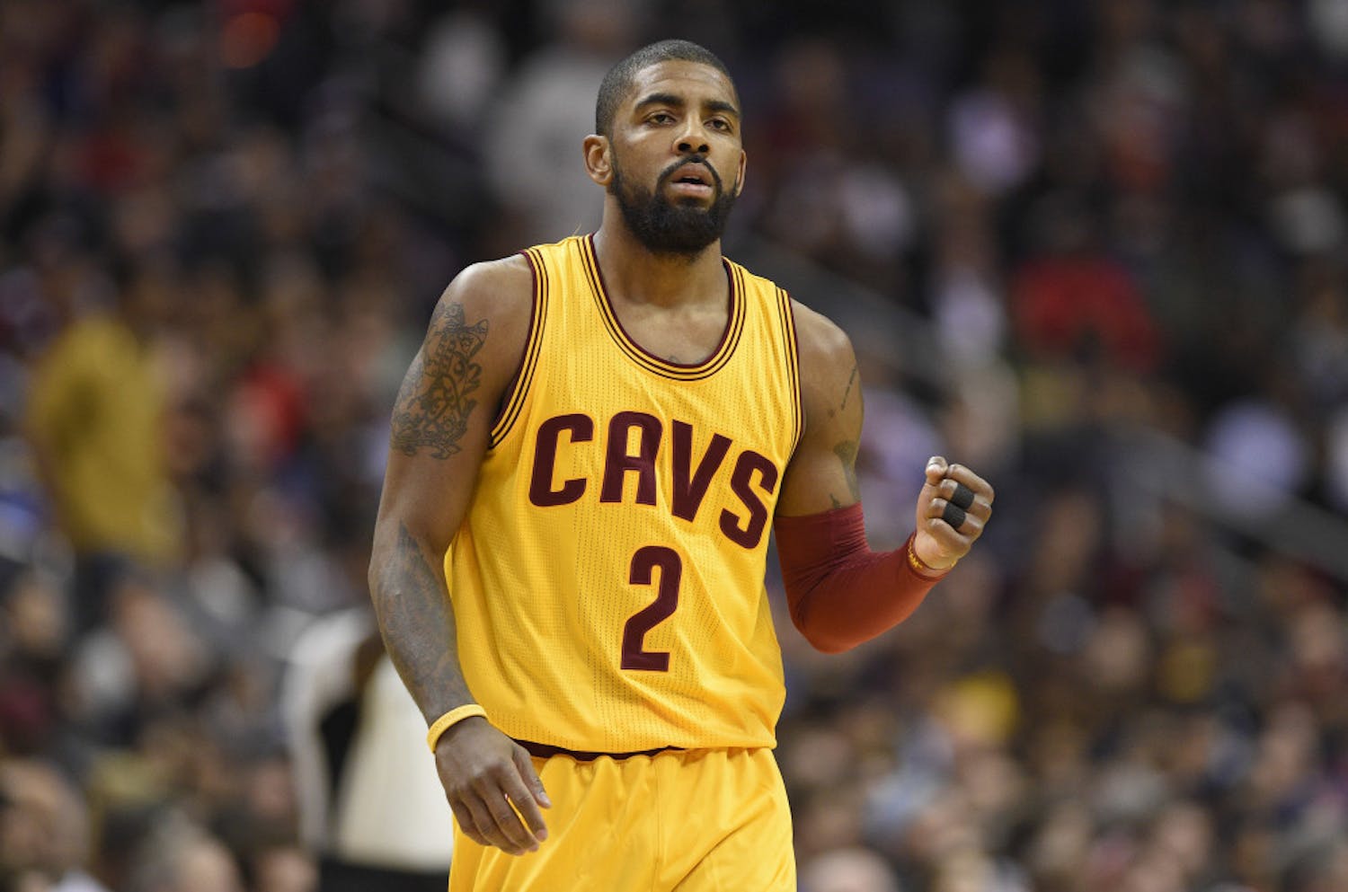 Cleveland Cavaliers guard Kyrie Irving (2) reacts during the second half of an NBA basketball game against the Washington Wizards, Monday, Feb. 6, 2017, in Washington. The Cavaliers won 140-135 in overtime. (AP Photo/Nick Wass)