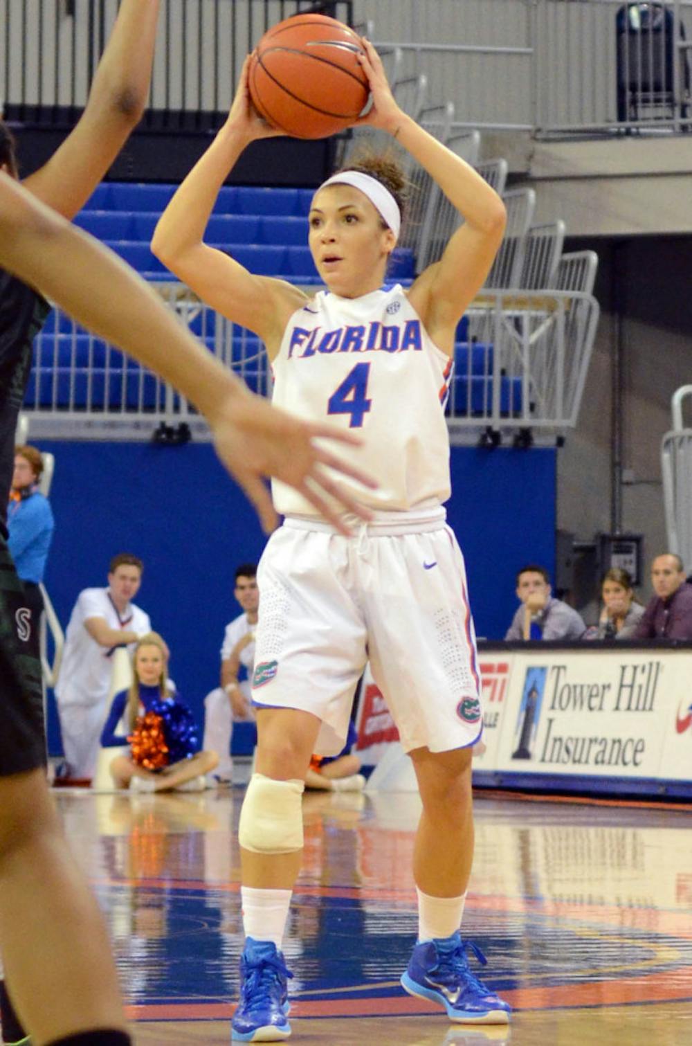 <p>Carlie Needles looks to pass the ball during Florida's 59-54 win against Stetson.</p>