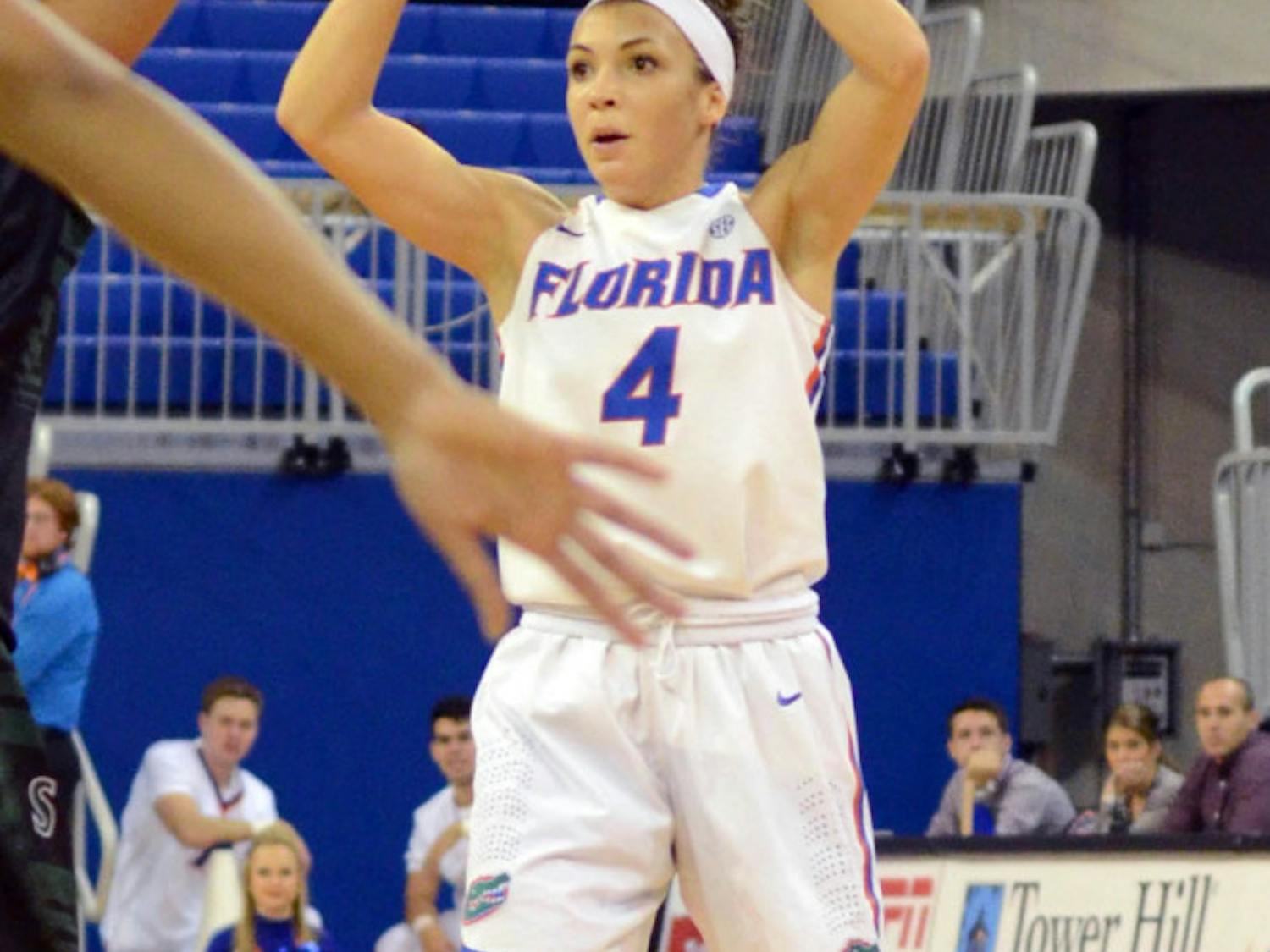 Carlie Needles looks to pass the ball during Florida's 59-54 win against Stetson.