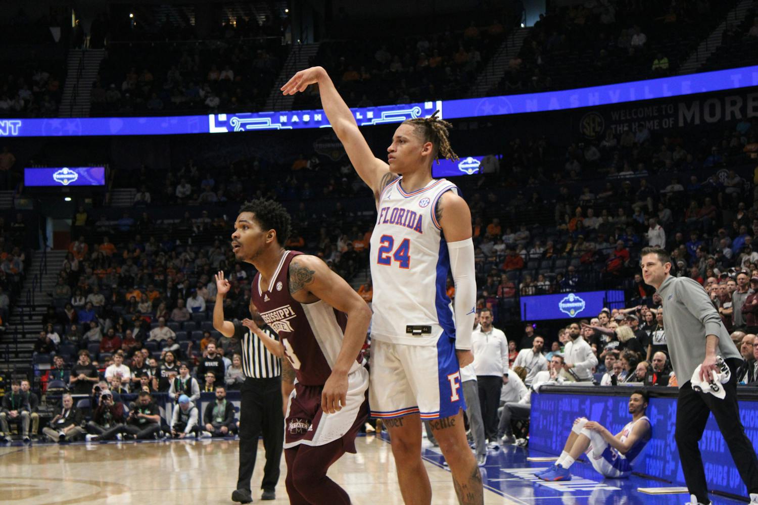 Florida guard Riley Kugel follows through on a jump shot in the Gators' 69-68 loss to the Mississippi State Bulldogs in the second round of the Southeastern Conference Tournament Thursday, March 9, 2023.