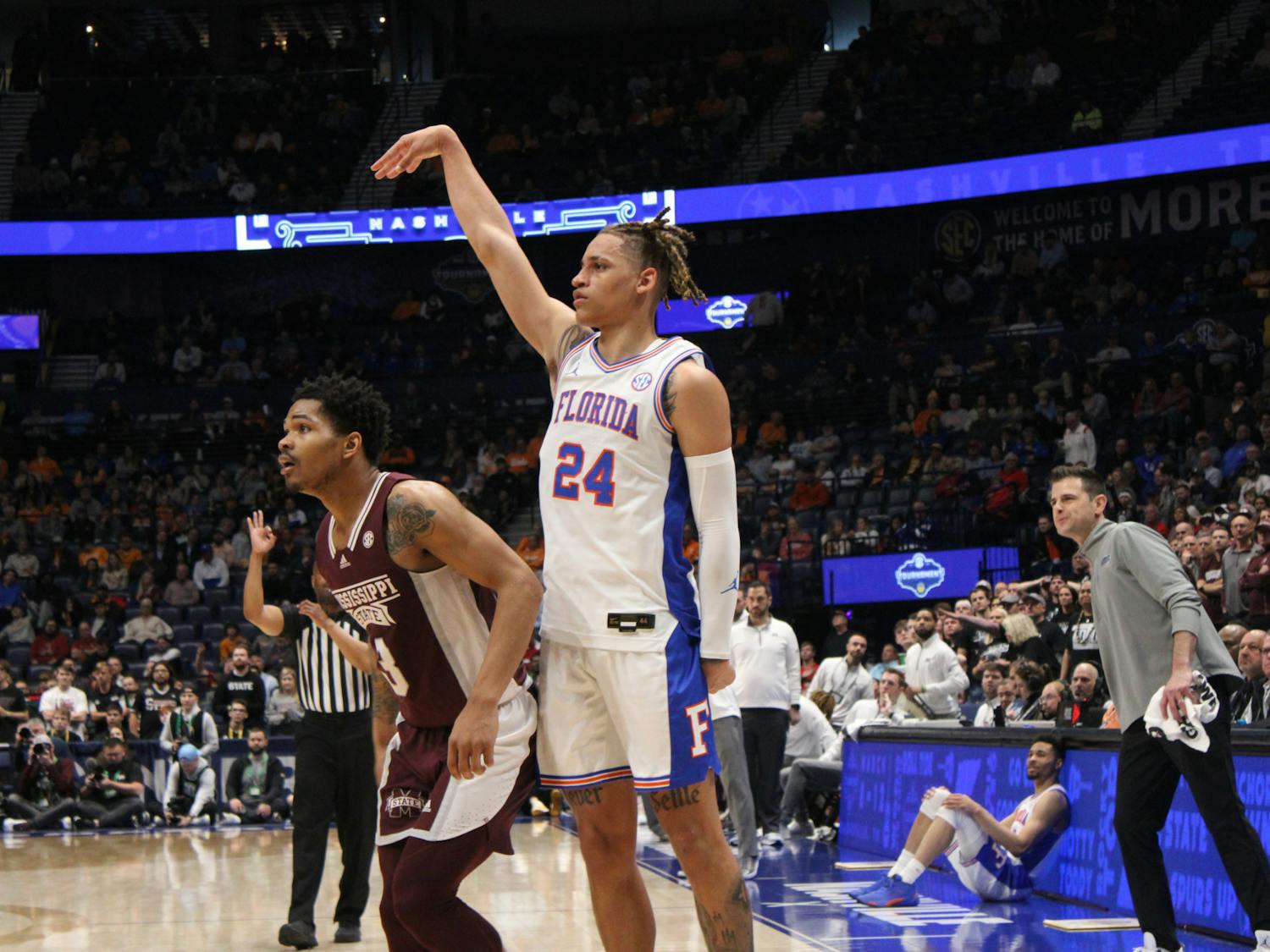 Florida guard Riley Kugel follows through on a jump shot in the Gators' 69-68 loss to the Mississippi State Bulldogs in the second round of the Southeastern Conference Tournament Thursday, March 9, 2023.
