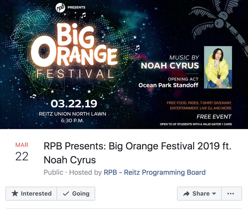 Noah Cyrus has been chosen as the artist for this year’s Big Orange Festival. The festival will be held on the Reitz North Lawn for the first time this year.