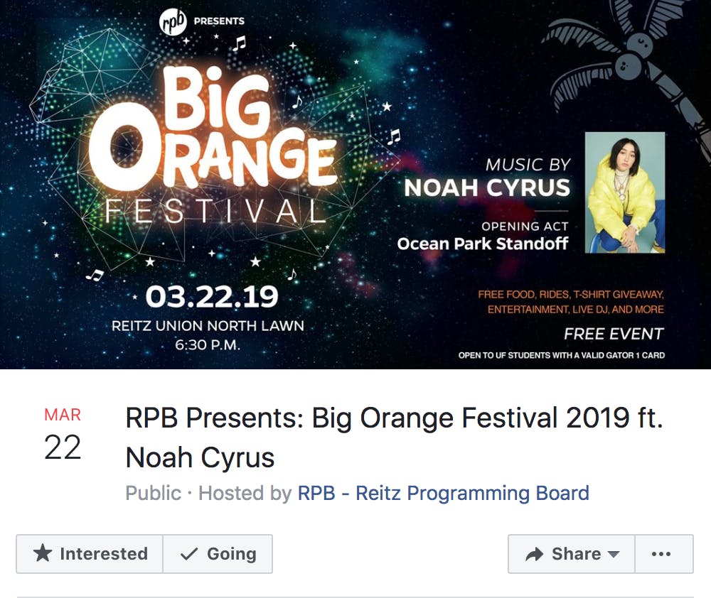 <p>Noah Cyrus has been chosen as the artist for this year’s Big Orange Festival. The festival will be held on the Reitz North Lawn for the first time this year.</p>