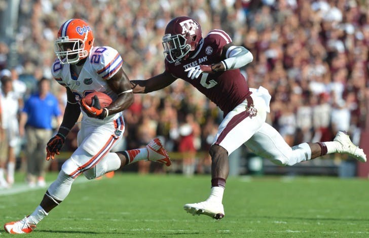 Omarius Hines (20) hauls in a 39-yard catch during the fourth quarter of Florida’s 20-17 win against Texas A&amp;M at Kyle Field on Sept. 8. Hines has eight receptions for 115 yards.