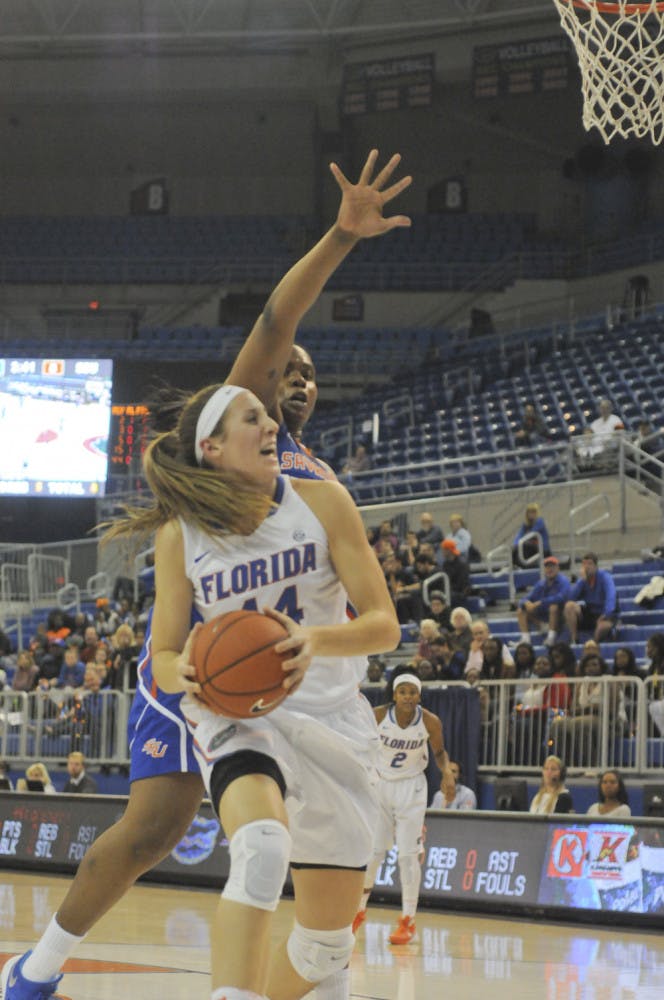 Haley Lorenzen battles for position in the paint during Florida's 99-34 win against Savannah State on Nov. 24, 2015, in the O'Connell Center.