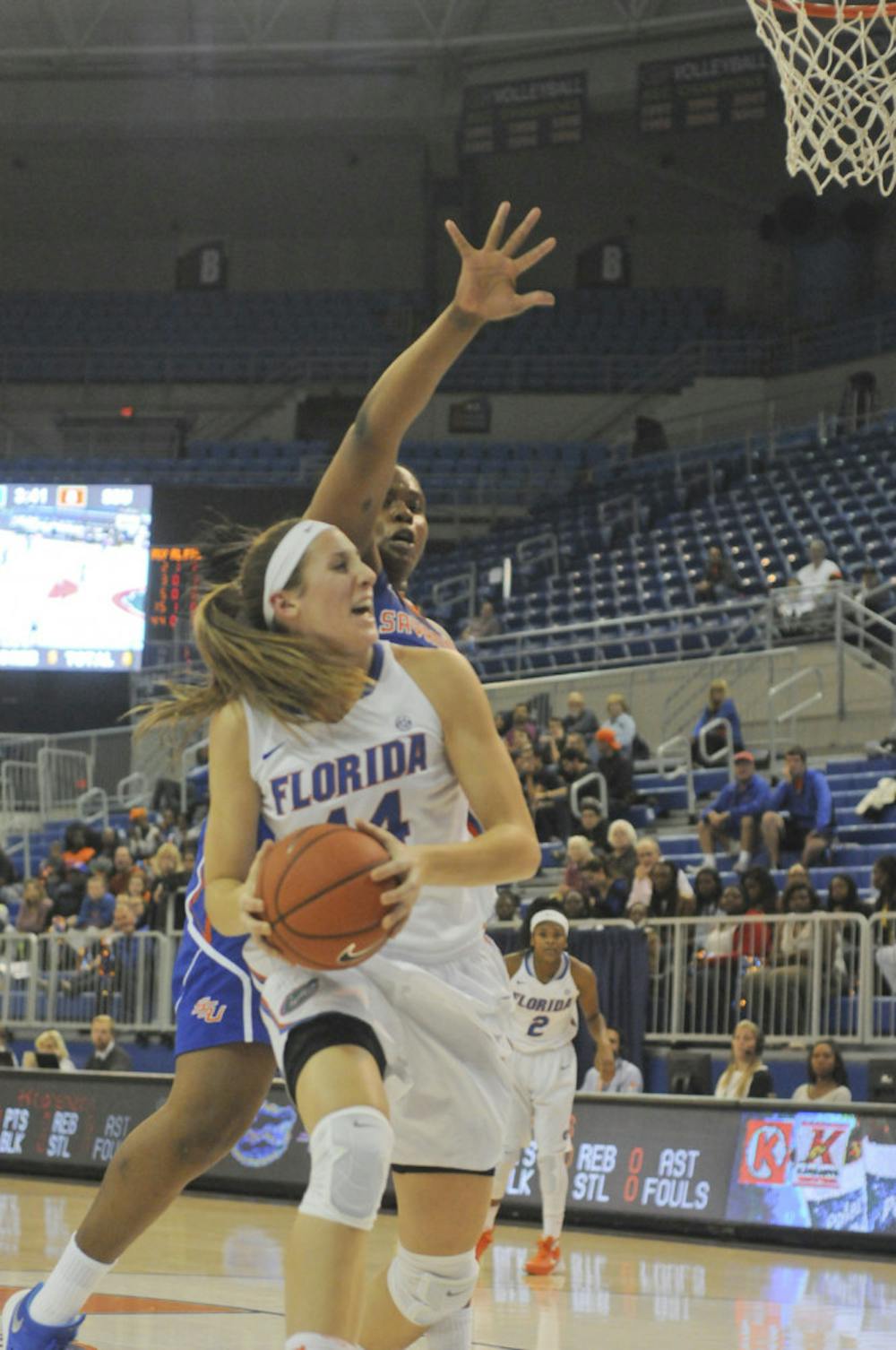 <p>Haley Lorenzen battles for position in the paint during Florida's 99-34 win against Savannah State on Nov. 24, 2015, in the O'Connell Center.</p>