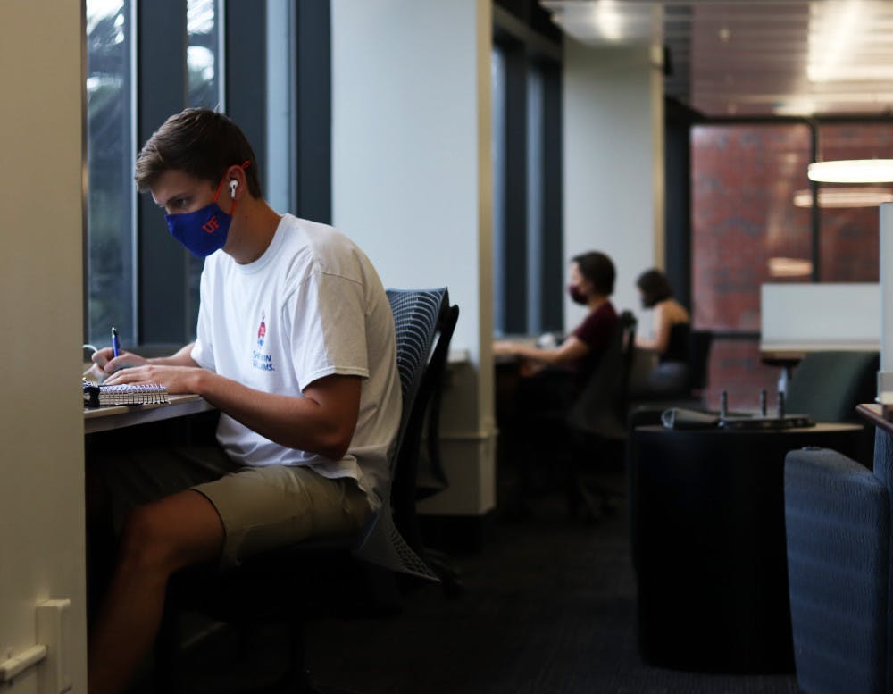 Jack Kuehler, 20, (left) a UF business administration junior studies in Library West on Friday, Sept. 11, 2020. (Lauren Witte/Alligator Staff)