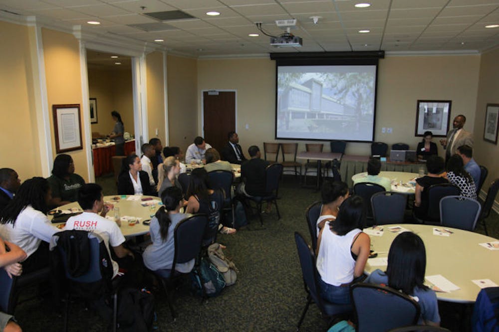 <p>About 30 people listen in on the Know Your Reitz forum in the Reitz Union on Wednesday afternoon. Reitz Union Executive Director Eddie Daniels and Gator Dining representatives spoke to the crowd — mostly people involved in Student Government — about the effects the renovation construction will have on students.</p>