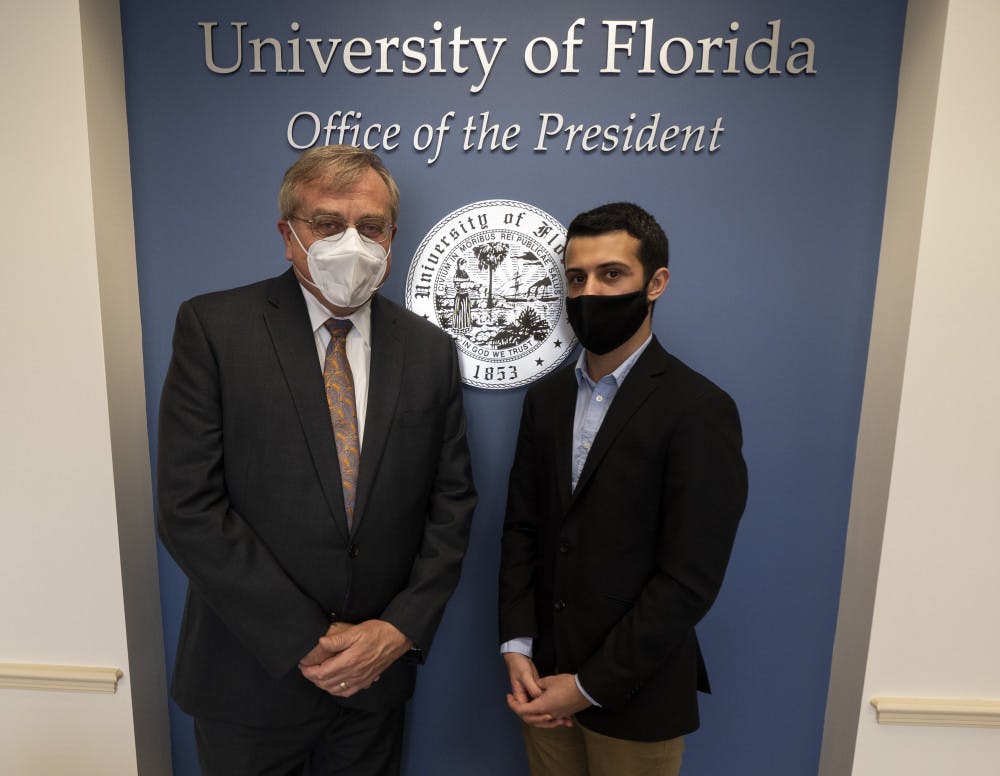 Corbin Bolies, 21, university administration reporter for The Independent Florida Alligator, met for an exclusive interview with UF President Kent Fuchs, 65, on Wednesday.