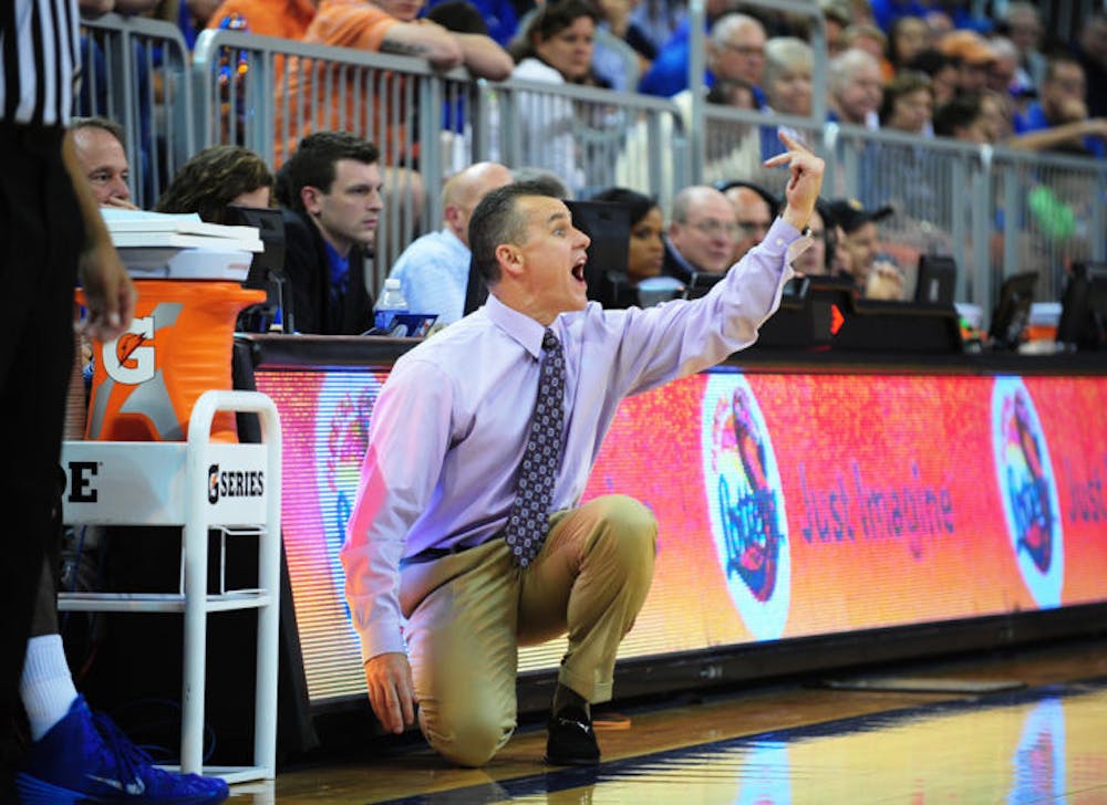 <p>Billy Donovan shouts from beside the bench during Florida’s 77-69 victory against North Florida on Friday afternoon in the O’Connell Center. No. 11 Florida plays against No. 20 Wisconsin tonight at 9 p.m.</p>