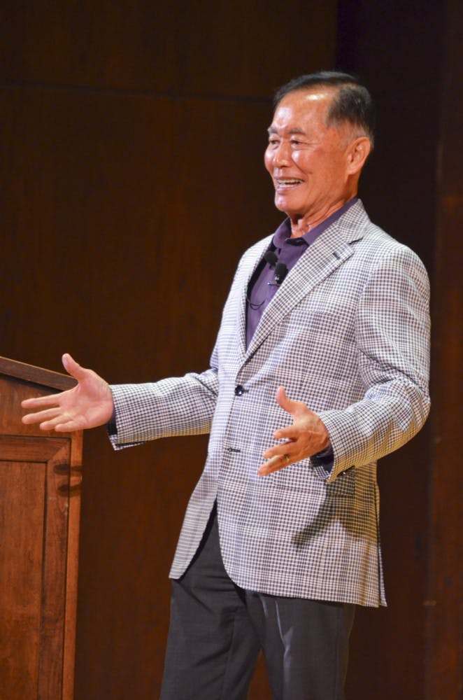 Actor and activist George Takei speaks at the University Auditorium on Tuesday night as part of the Accent Speaker’s Bureau series.