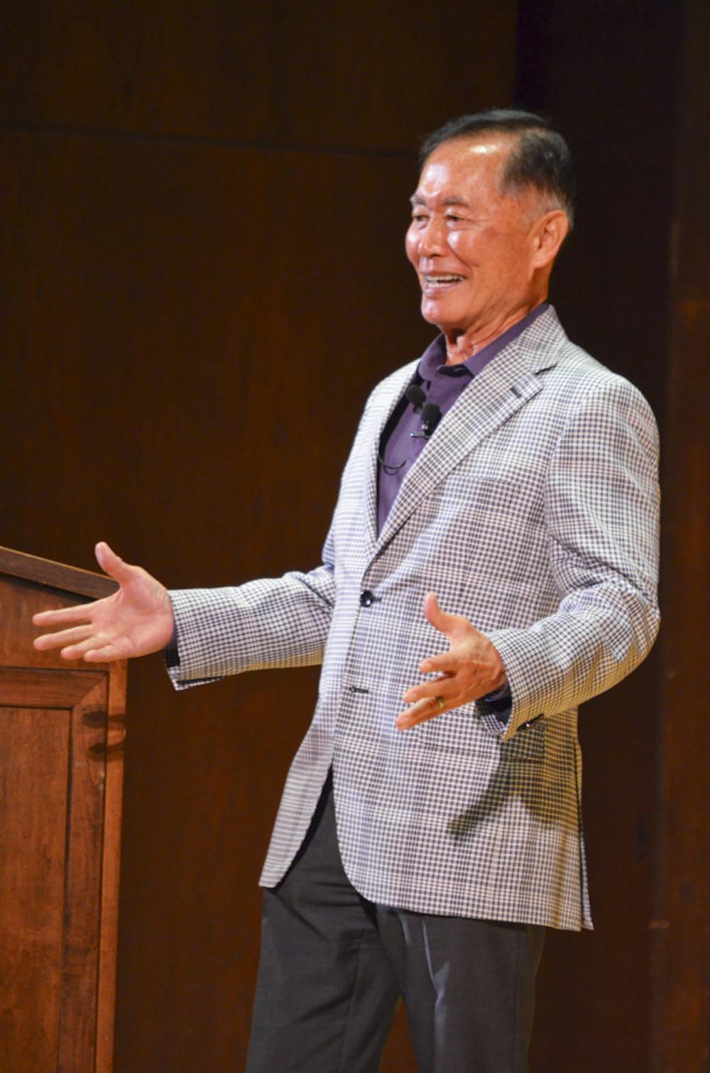 <p class="p1">Actor and activist George Takei speaks at the University Auditorium on Tuesday night as part of the Accent Speaker’s Bureau series.</p>