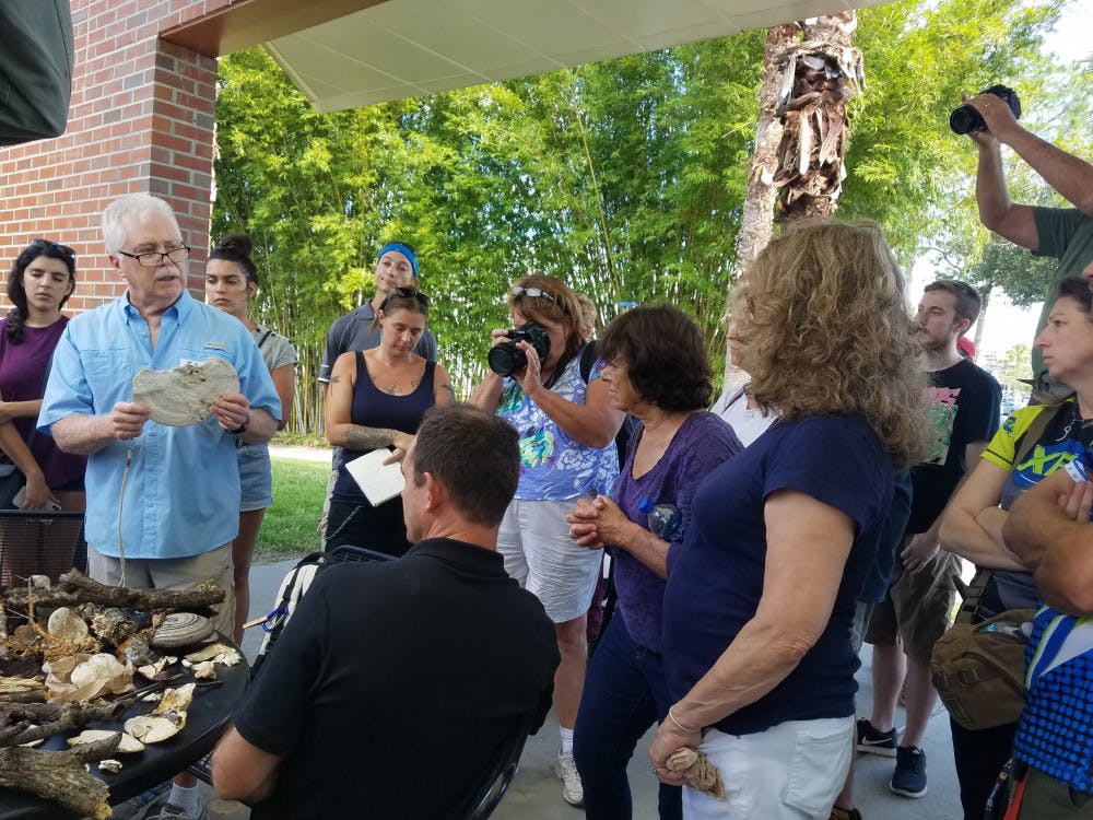 <p><span>Alan Bessette, a mushroom expert and field guide author, identifies a mushroom during the "Mushrooms at the Museum" event Sunday at the Florida Museum of Natural History. About 70 people gathered to collect and learn about fungi with Bessette and his wife Arleen, a fellow mycologist.</span></p>