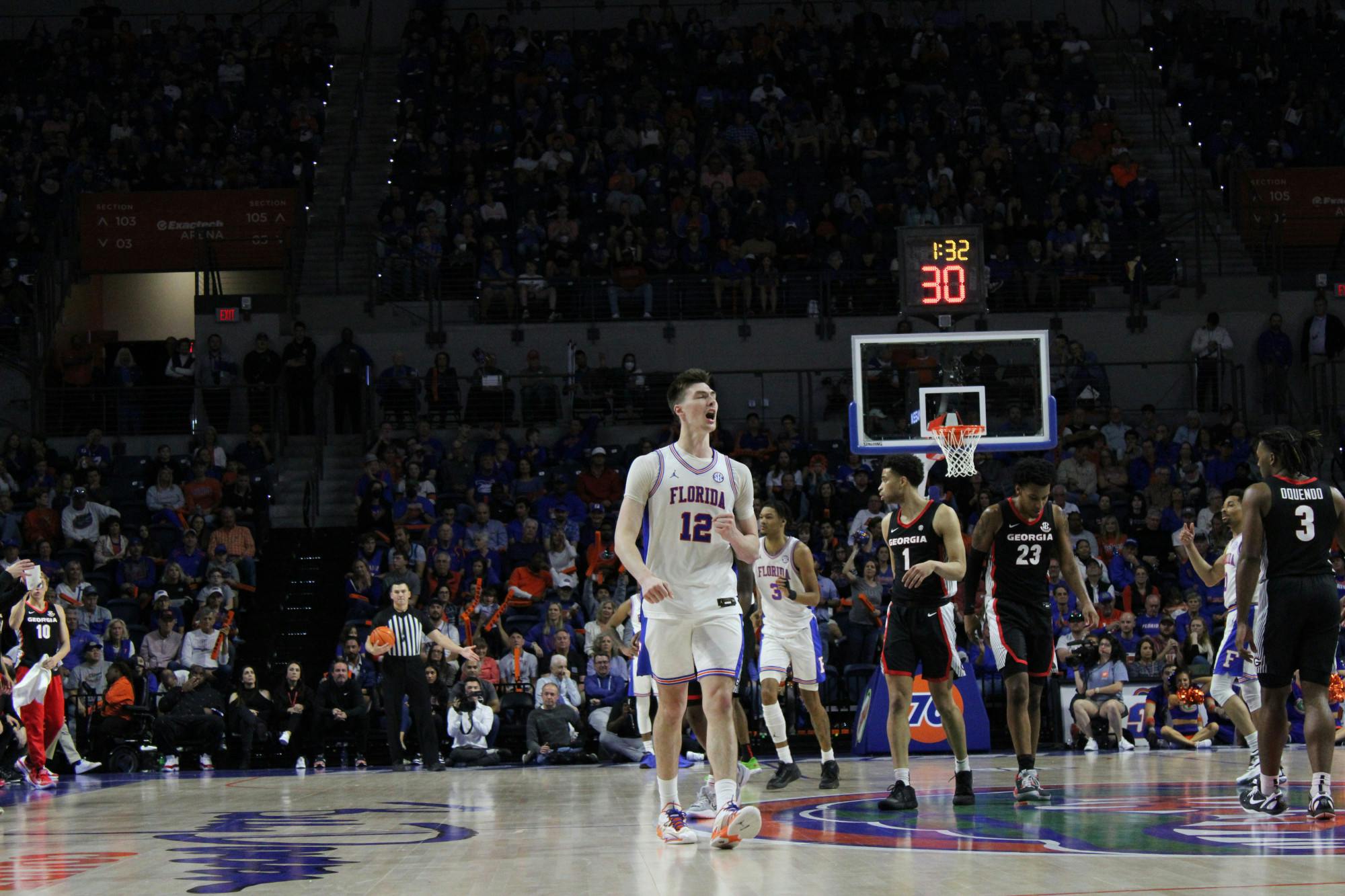 Florida forward Colin Castleton celebrates during the Gators' victory over the Georgia Bulldogs Saturday, Jan. 7, 2023. He finished with 18 points in UF's victory over the Louisiana State Tigers Tuesday, Jan. 10, 2023.