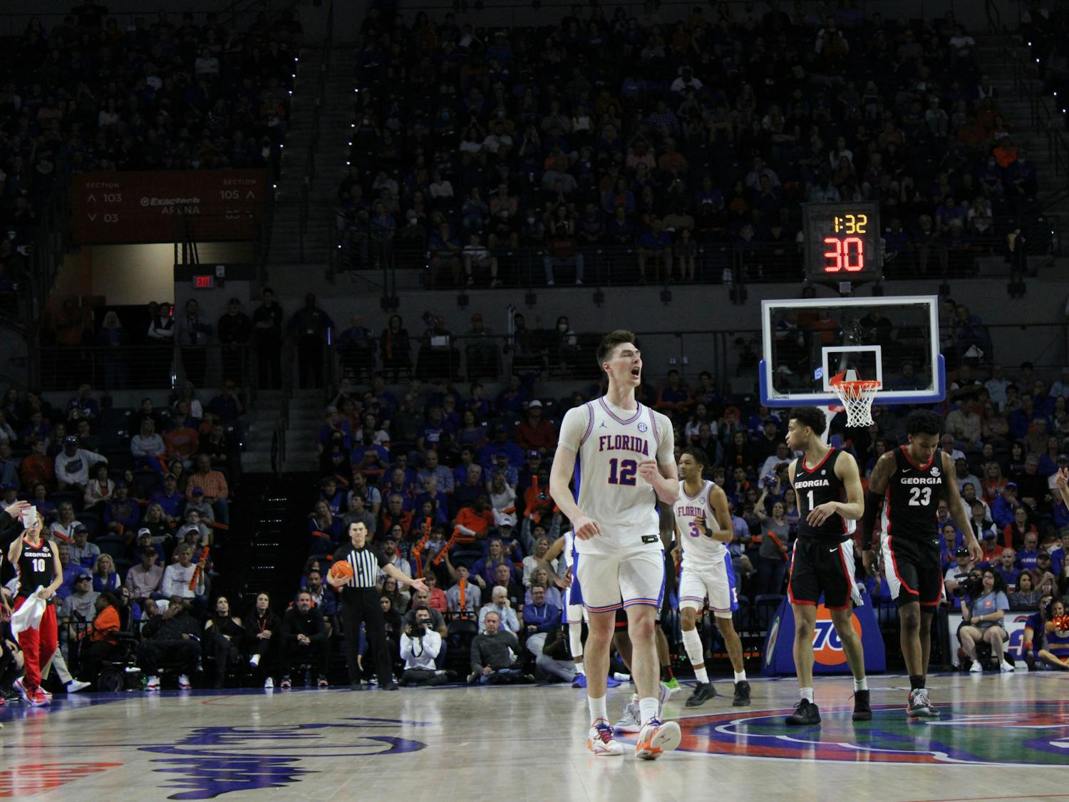 Florida forward Colin Castleton celebrates during the Gators' victory over the Georgia Bulldogs Saturday, Jan. 7, 2023. He finished with 18 points in UF's victory over the Louisiana State Tigers Tuesday, Jan. 10, 2023.