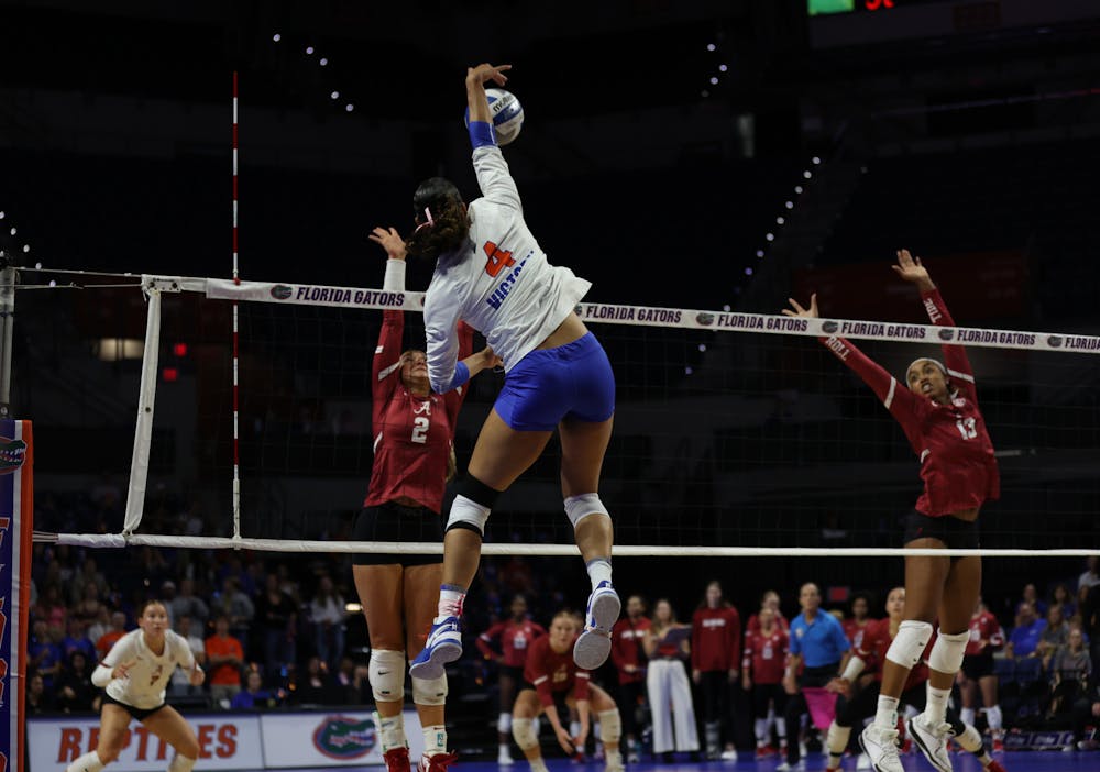 Florida outside hitter Sofia Victory hits the ball during the Gators' match against the Alabama Crimson Tide on Sunday, October 8, 2023 at Exactech Arena at the Stephen C. O'Connell Center.