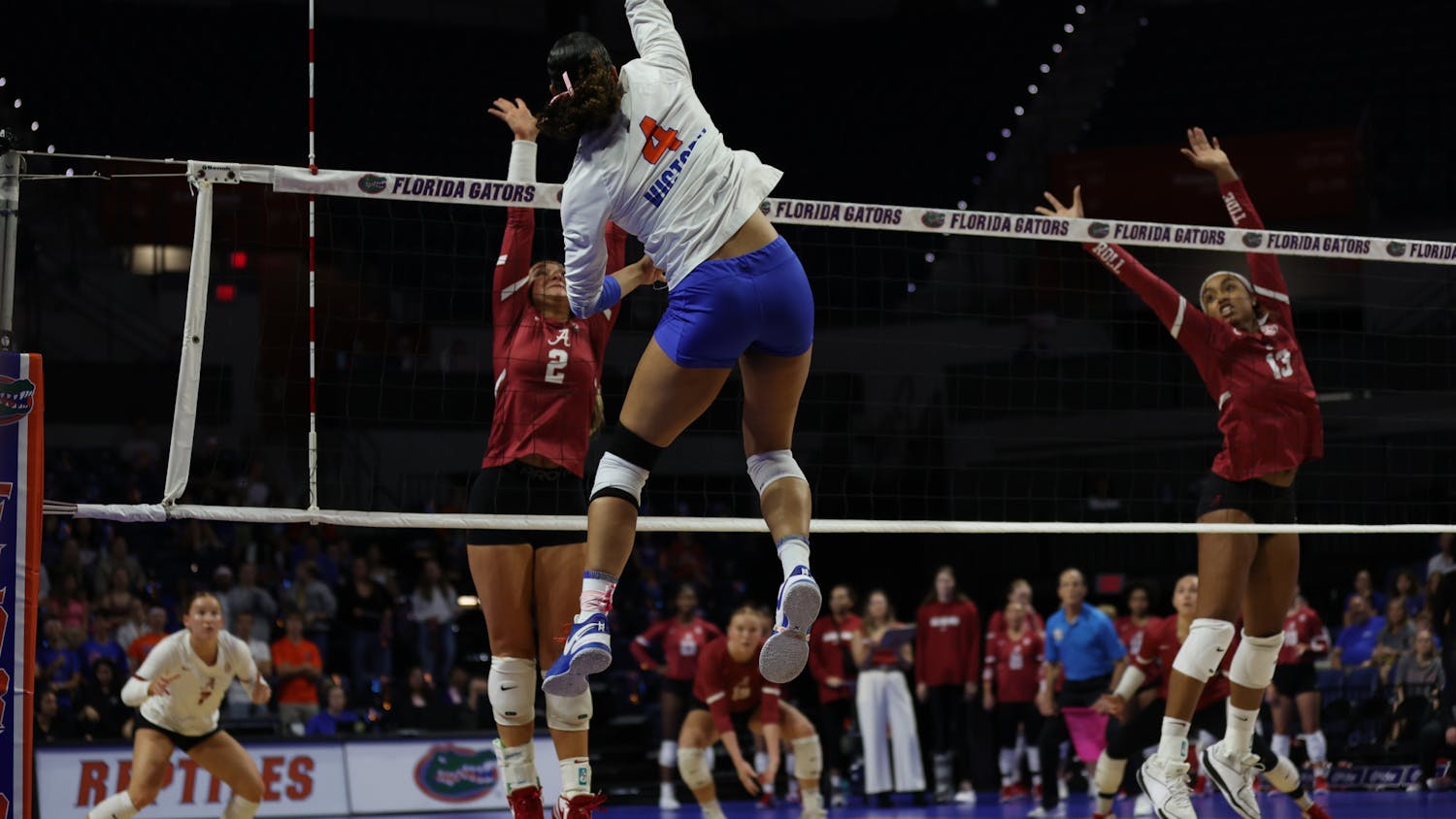 Florida outside hitter Sofia Victory hits the ball during the Gators' match against the Alabama Crimson Tide on Sunday, October 8, 2023 at Exactech Arena at the Stephen C. O'Connell Center.