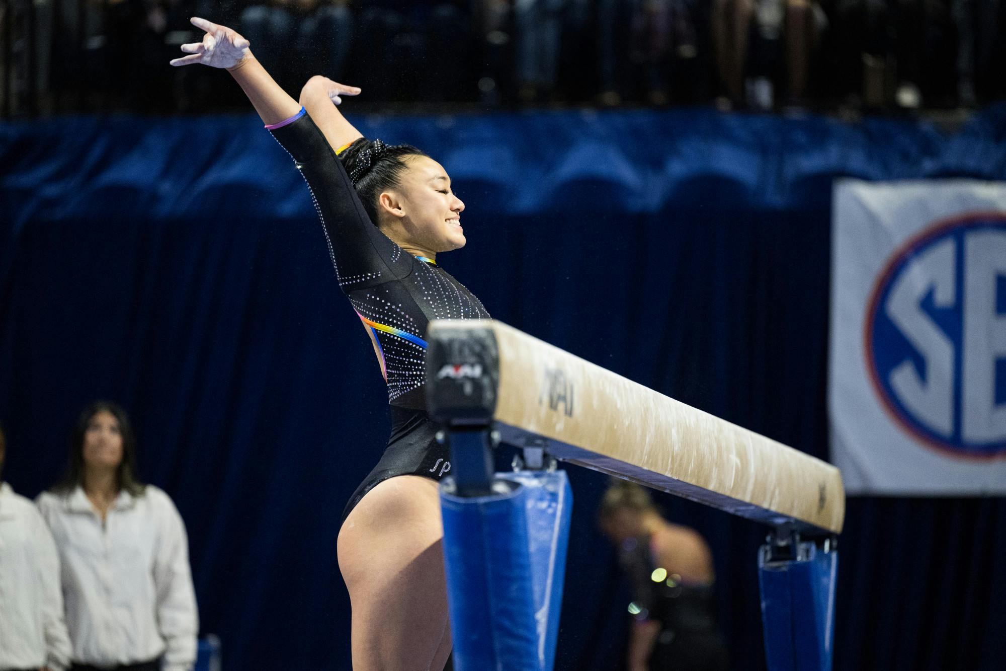 Florida Gators gymnast Leanne Wong performs on the balance beam in a gymnastics meet against the Missouri Tigers in Gainesville, Fla., on Friday, Feb. 28, 2025.