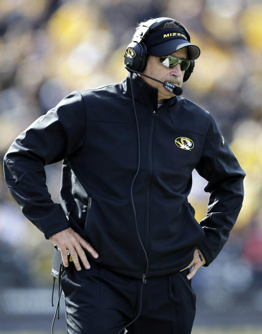 <p>Missouri head coach Gary Pinkel stands on the sidelines during the first half of against Kentucky on Saturday in Columbia, Mo. </p>